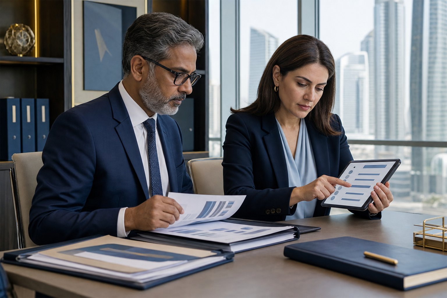 Accounting professionals reviewing compliance and reporting information