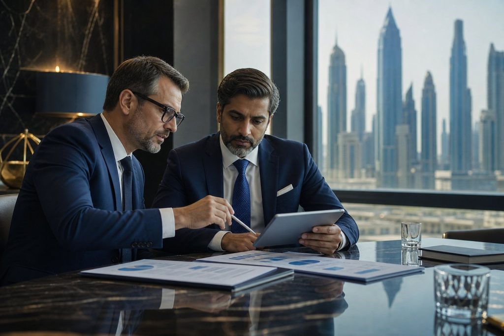 Corporate tax advisors reviewing financial information in Dubai