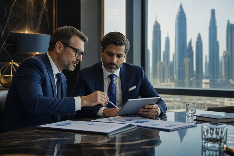 Corporate tax advisors reviewing financial information in Dubai