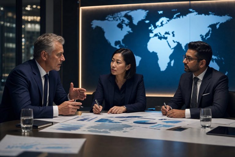 International tax advisors discussing cross-border business strategy