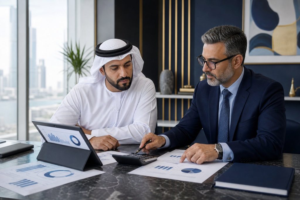 VAT advisor reviewing financial records with a UAE business owner